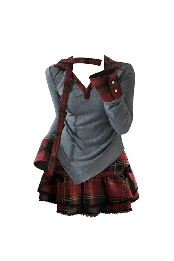 Plaid Punk Layered Set - Y2K Aesthetic Grunge Style for Trendy Looks