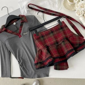 Plaid Punk Layered Set - Y2K Aesthetic Grunge Style for Trendy Looks