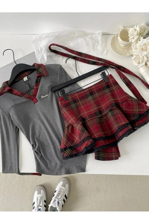 Plaid Punk Layered Set - Y2K Aesthetic Grunge Style for Trendy Looks