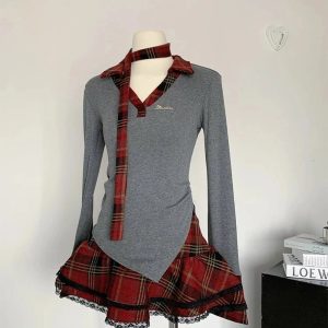 Plaid Punk Layered Set - Y2K Aesthetic Grunge Style for Trendy Looks