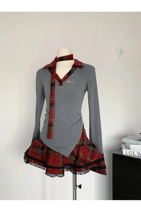 Plaid Punk Layered Set - Y2K Aesthetic Grunge Style for Trendy Looks