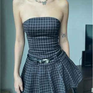 Plaid Strapless Skater Dress for Y2K Aesthetic & Coquette Style