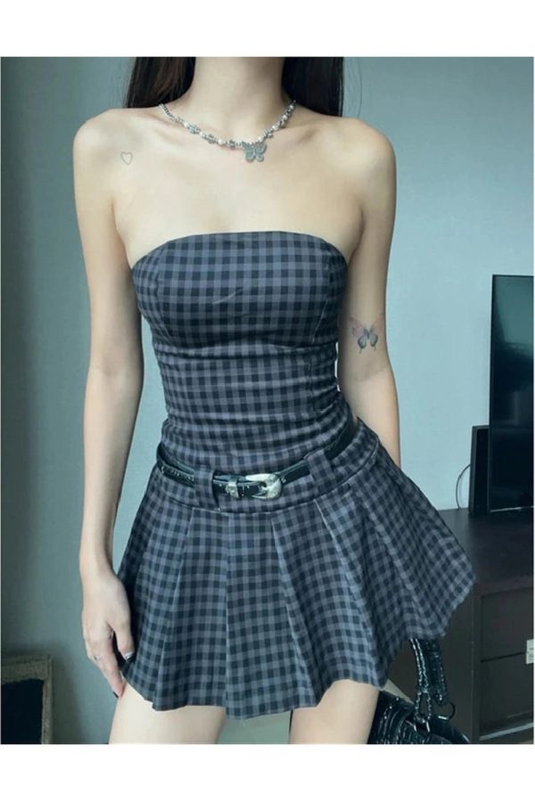 Plaid Strapless Skater Dress for Y2K Aesthetic & Coquette Style