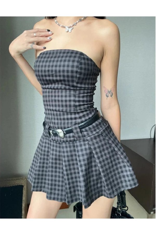 Plaid Strapless Skater Dress for Y2K Aesthetic & Coquette Style