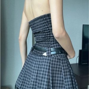 Plaid Strapless Skater Dress for Y2K Aesthetic & Coquette Style