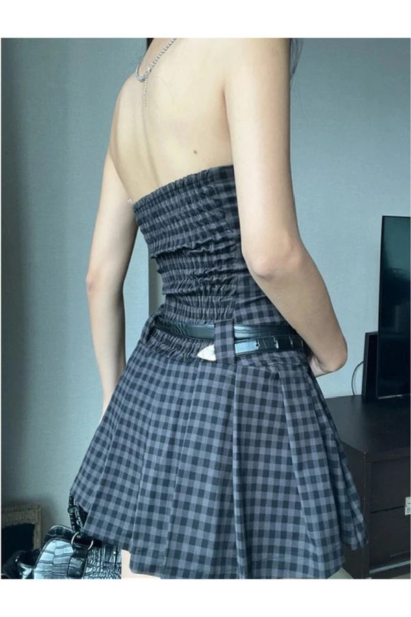 Plaid Strapless Skater Dress for Y2K Aesthetic & Coquette Style