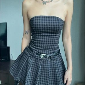 Plaid Strapless Skater Dress for Y2K Aesthetic & Coquette Style