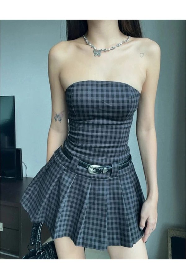 Plaid Strapless Skater Dress for Y2K Aesthetic & Coquette Style