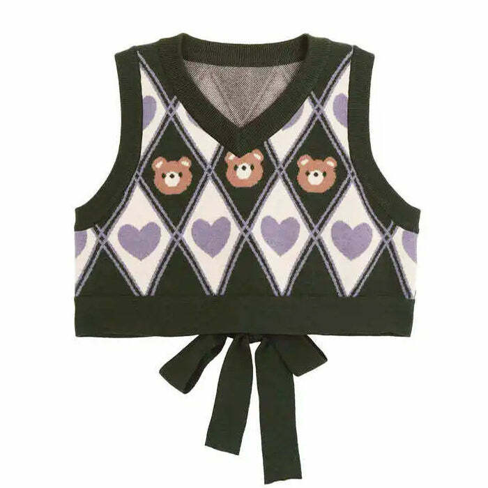 Preppy Bear Argyle Crop Vest - Y2K Aesthetic Cute Top for Stylish Outfits