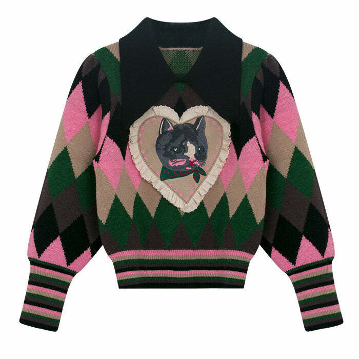 Preppy Cat Argyle Collar Jumper - Y2K Aesthetic Cute Top for Fall