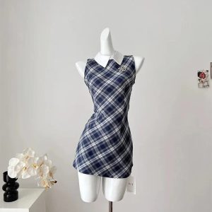 Preppy Plaid Collared Mini Dress for Y2K Aesthetic and Coquette Style