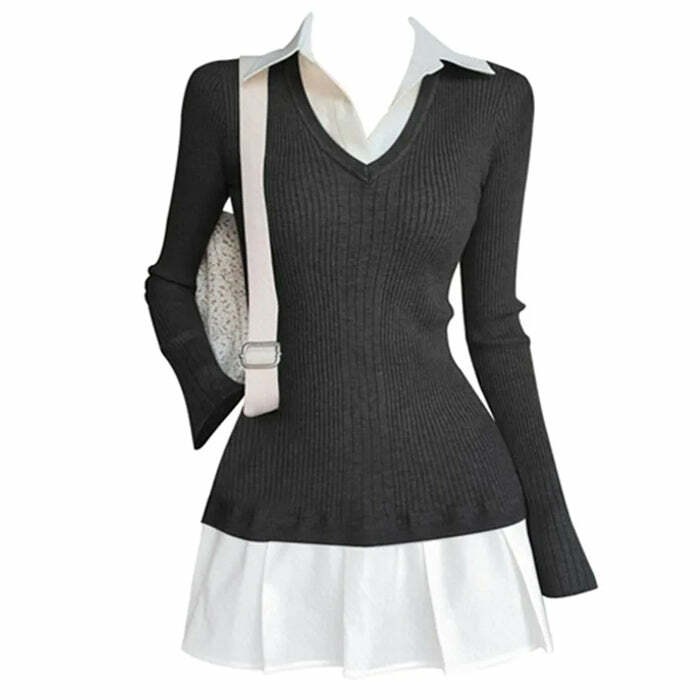 Preppy Style Pleated Knit Dress - Y2K Aesthetic with Cute Details