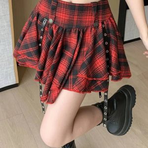 Punk Plaid Layered Skirt for Y2K Aesthetic and Grunge Style Outfits