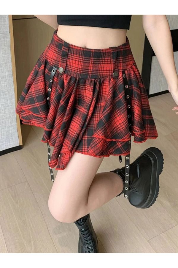 Punk Plaid Layered Skirt for Y2K Aesthetic and Grunge Style Outfits