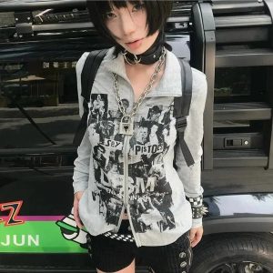 Punk Rock Graphic Zip-Up Jacket for Y2K Aesthetic and Grunge Style