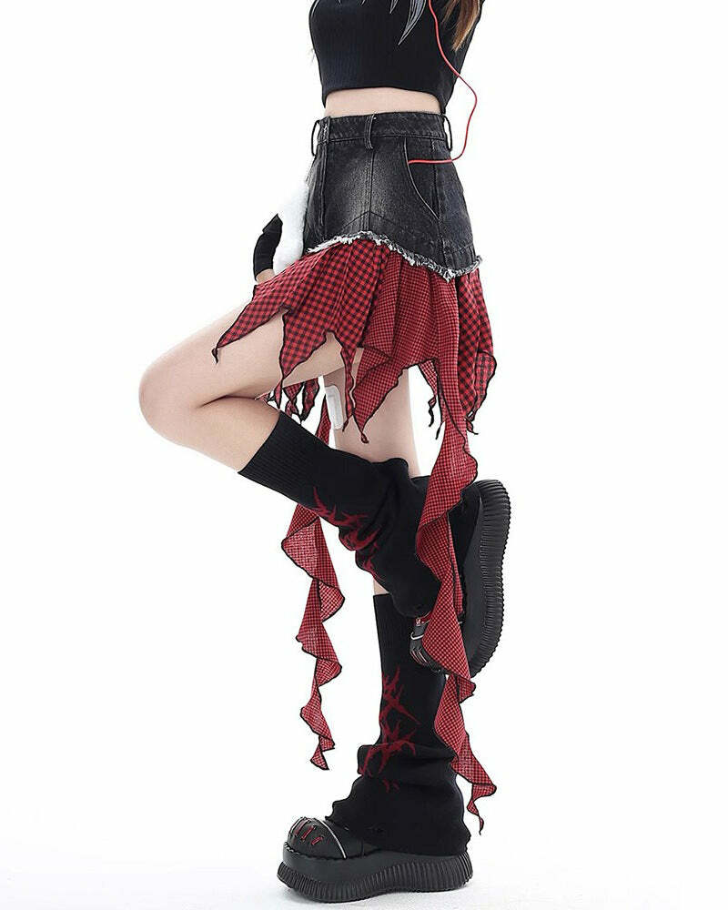 Punk Rock Layered Patchwork Skirt for Y2K Aesthetic and Grunge Style