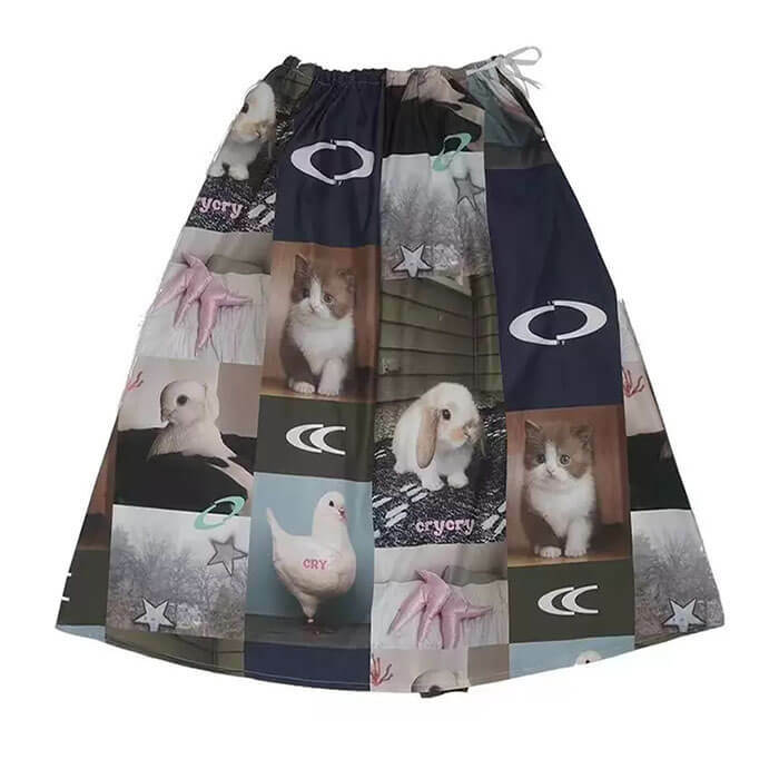 Rabbit & Cat Print Y2K Aesthetic Midi Skirt for Cute Outfits