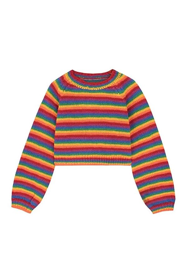 Rainbow Stripes Y2K Cropped Sweater for Cute Aesthetic Outfits