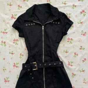 Rebel Y2K Zip-Up Belted Mini Dress for Grunge and Coquette Aesthetic