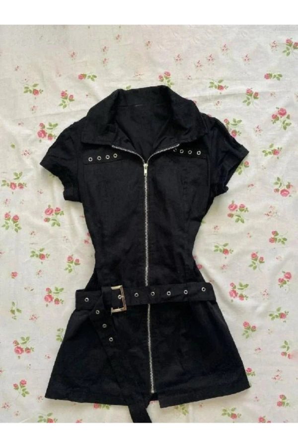 Rebel Y2K Zip-Up Belted Mini Dress for Grunge and Coquette Aesthetic