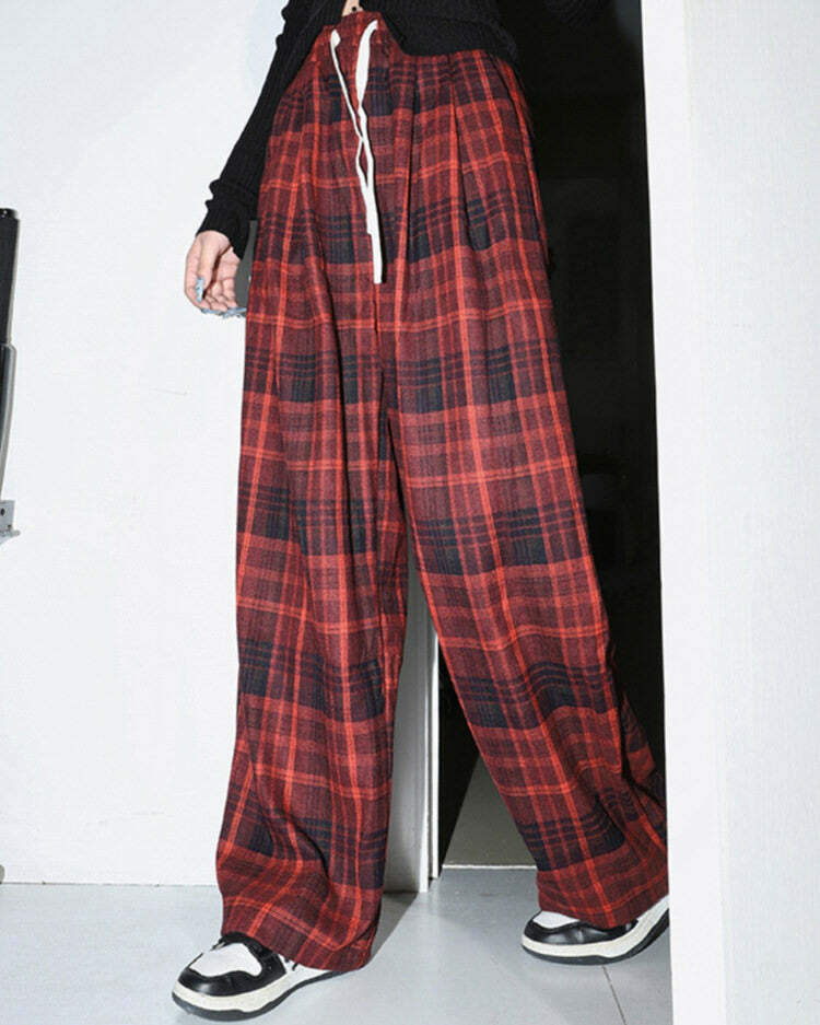 Red Grunge Plaid Pants for Y2K Aesthetic and Coquette Style Outfits