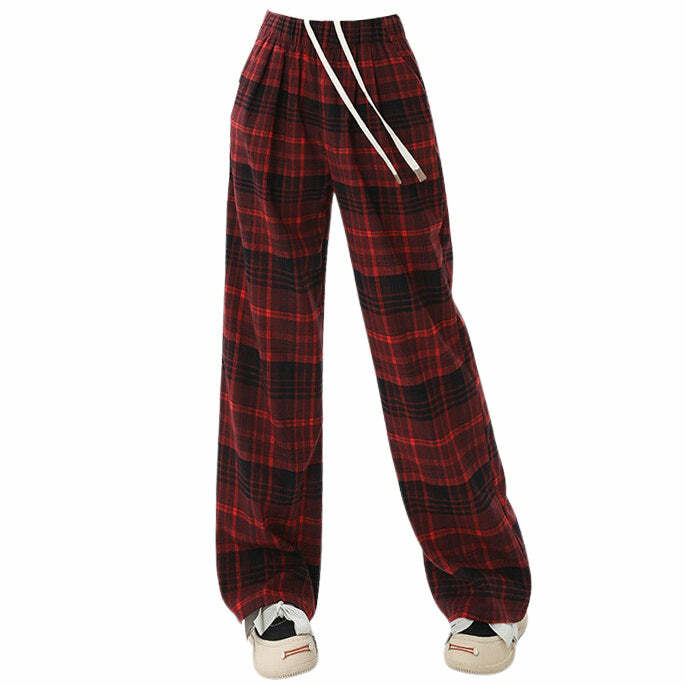 Red Grunge Plaid Pants for Y2K Aesthetic and Coquette Style Outfits