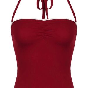 Red Lace-Trim Halter Top for Y2K Aesthetic & Coquette Style Outfits