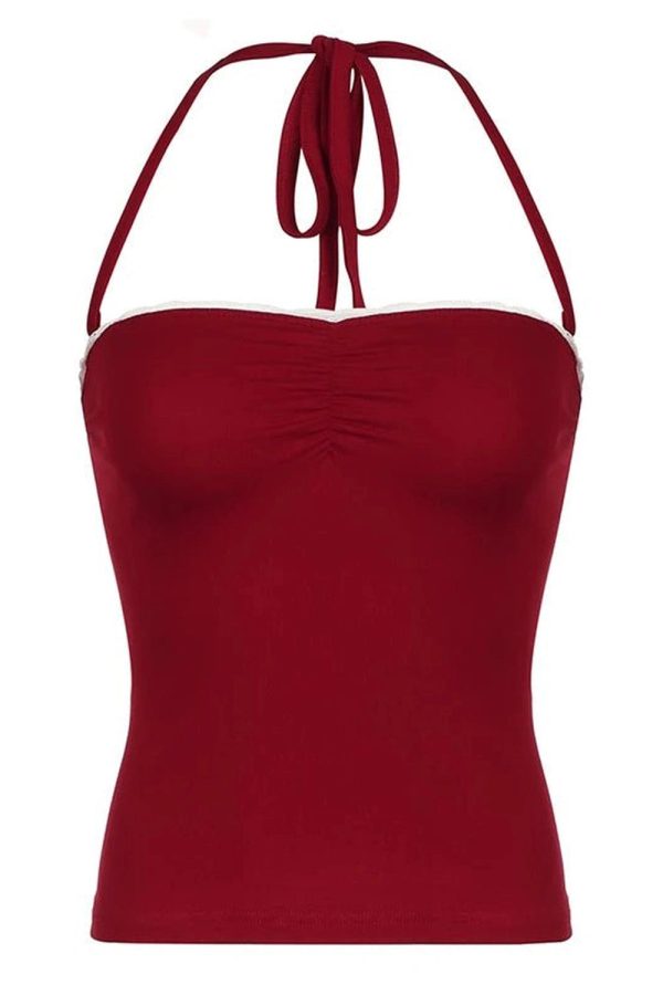 Red Lace-Trim Halter Top for Y2K Aesthetic & Coquette Style Outfits