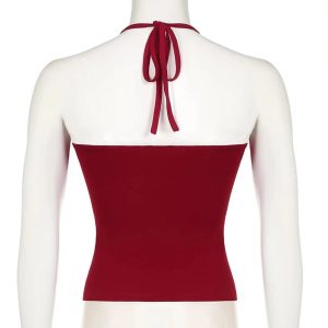 Red Lace-Trim Halter Top for Y2K Aesthetic & Coquette Style Outfits