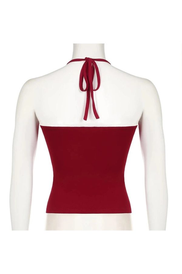 Red Lace-Trim Halter Top for Y2K Aesthetic & Coquette Style Outfits