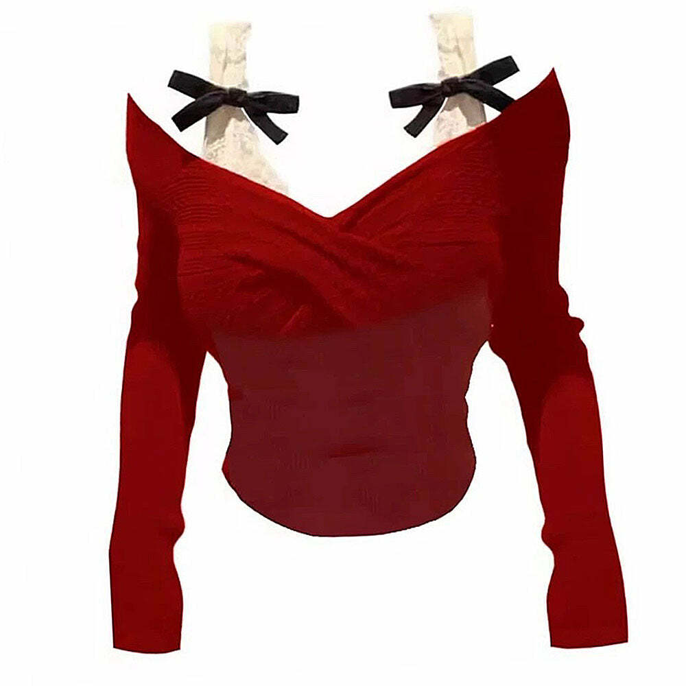 Red Off-Shoulder Bow Top - Y2K Fashion Meets Coquette Aesthetic