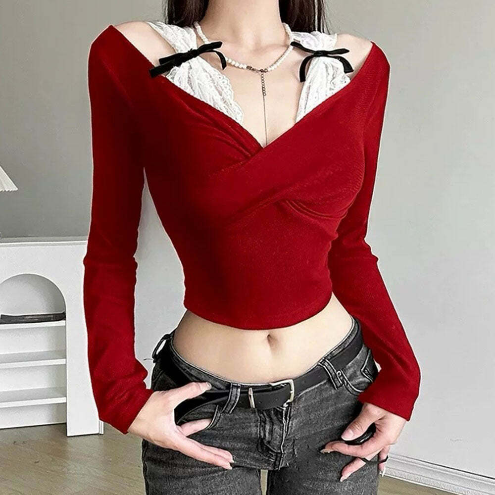 Red Off-Shoulder Bow Top - Y2K Fashion Meets Coquette Aesthetic