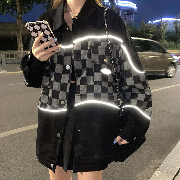 Reflective Checker Jacket: Y2K Aesthetic Grunge Style for Trendy Looks