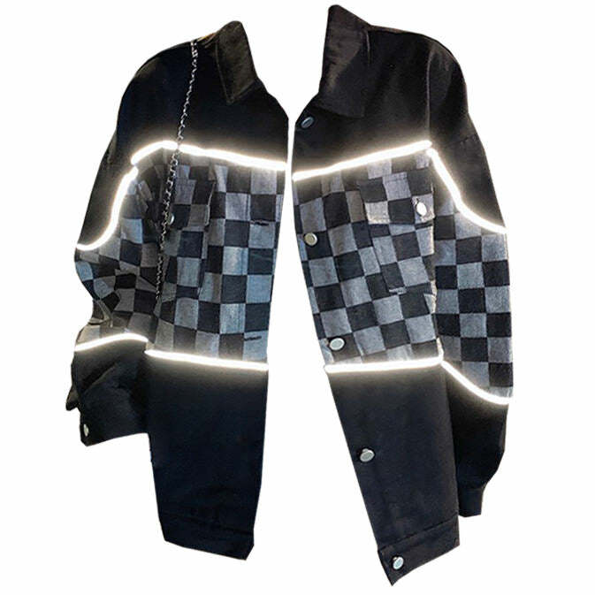 Reflective Checker Jacket: Y2K Aesthetic Grunge Style for Trendy Looks