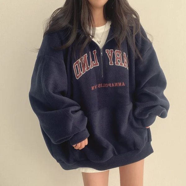 Retro Campus Y2K Half-Zip Hoodie for Cozy Aesthetic Outfits