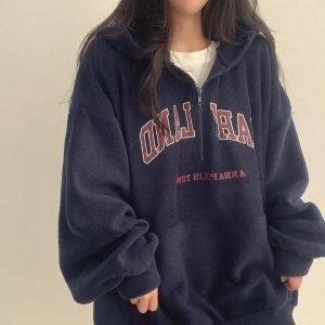 Retro Campus Y2K Half-Zip Hoodie for Cozy Aesthetic Outfits