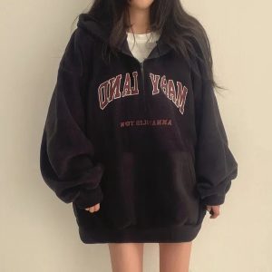 Retro Campus Y2K Half-Zip Hoodie for Cozy Aesthetic Outfits