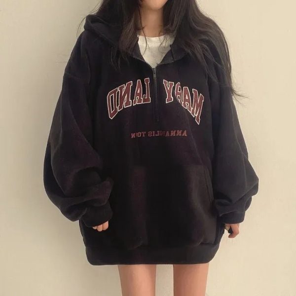 Retro Campus Y2K Half-Zip Hoodie for Cozy Aesthetic Outfits