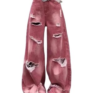 Retro Rose Distressed Baggy Jeans for Y2K Aesthetic and Grunge Style