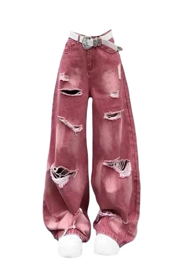 Retro Rose Distressed Baggy Jeans for Y2K Aesthetic and Grunge Style