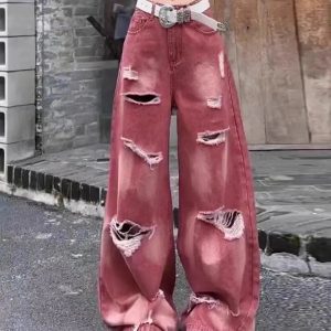 Retro Rose Distressed Baggy Jeans for Y2K Aesthetic and Grunge Style