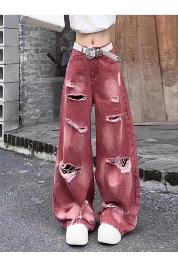 Retro Rose Distressed Baggy Jeans for Y2K Aesthetic and Grunge Style