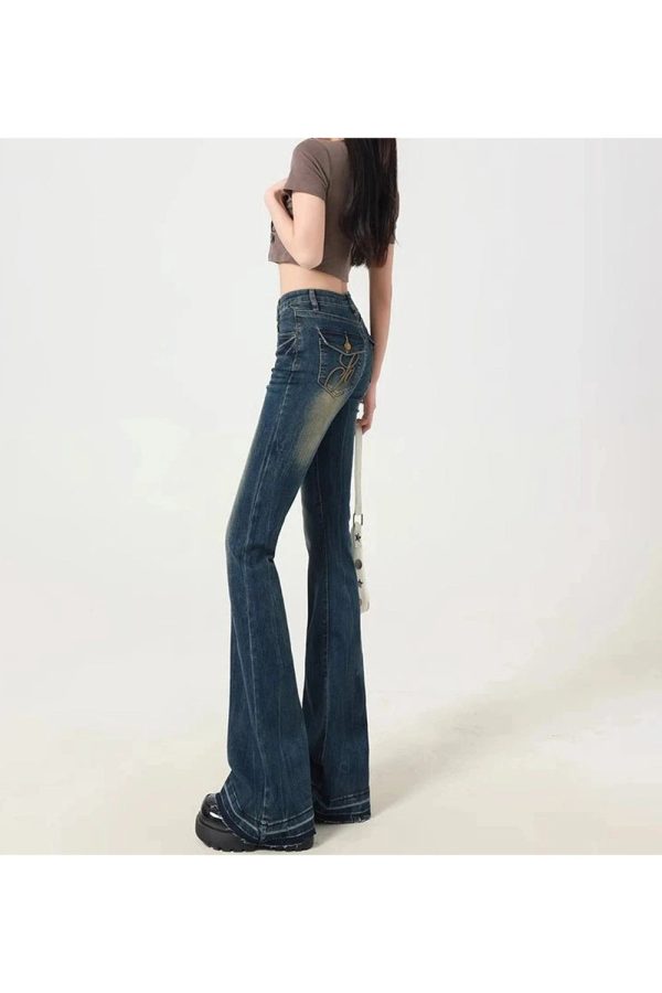 Retro Y2K Embroidered Flare Jeans for a Chic Coquette Aesthetic