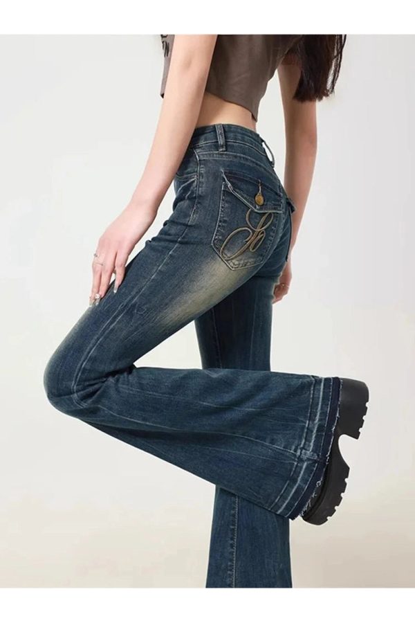 Retro Y2K Embroidered Flare Jeans for a Chic Coquette Aesthetic