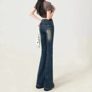 Retro Y2K Embroidered Flare Jeans for a Chic Coquette Aesthetic