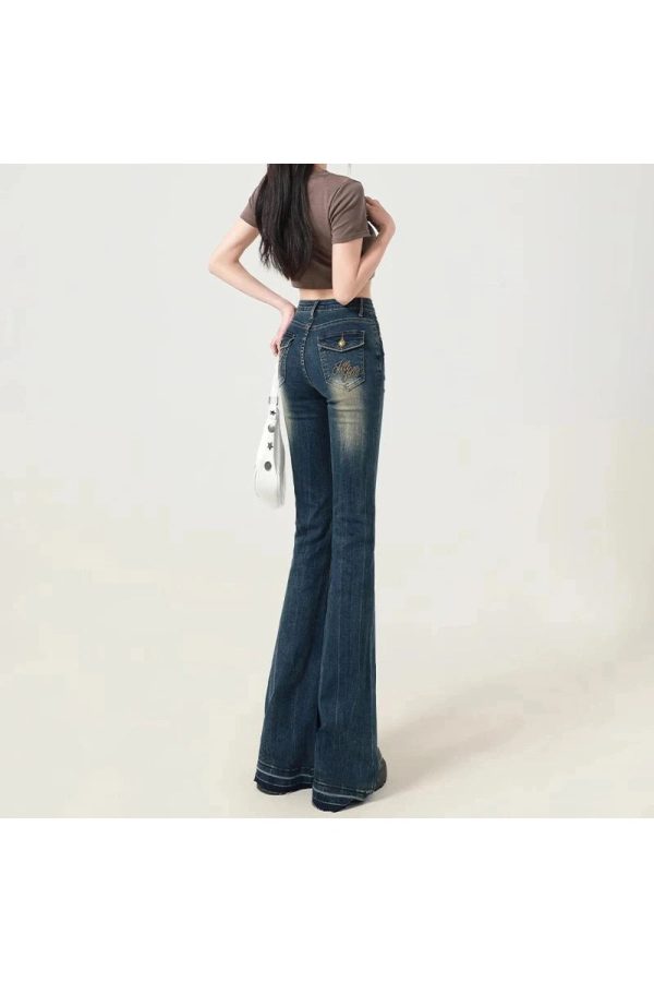 Retro Y2K Embroidered Flare Jeans for a Chic Coquette Aesthetic