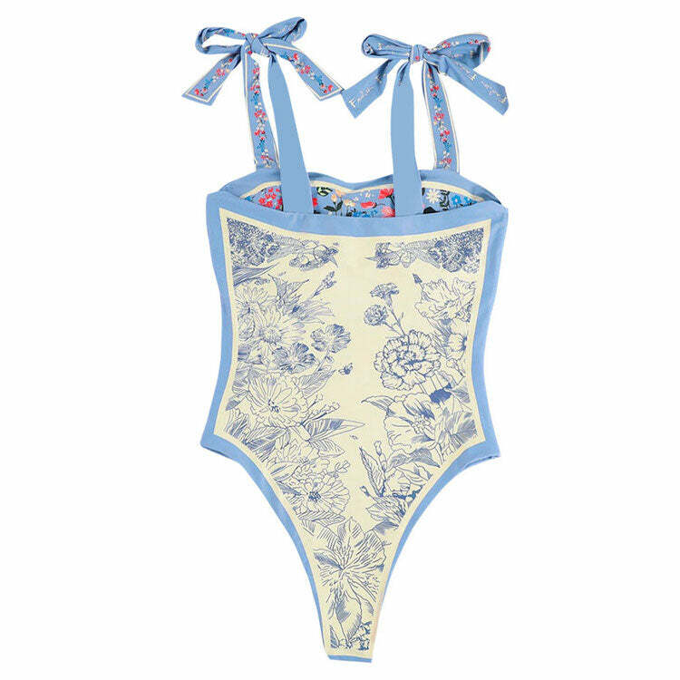 Reversible Tie Strap Blue Swimsuit for Y2K Aesthetic Summer Vibes