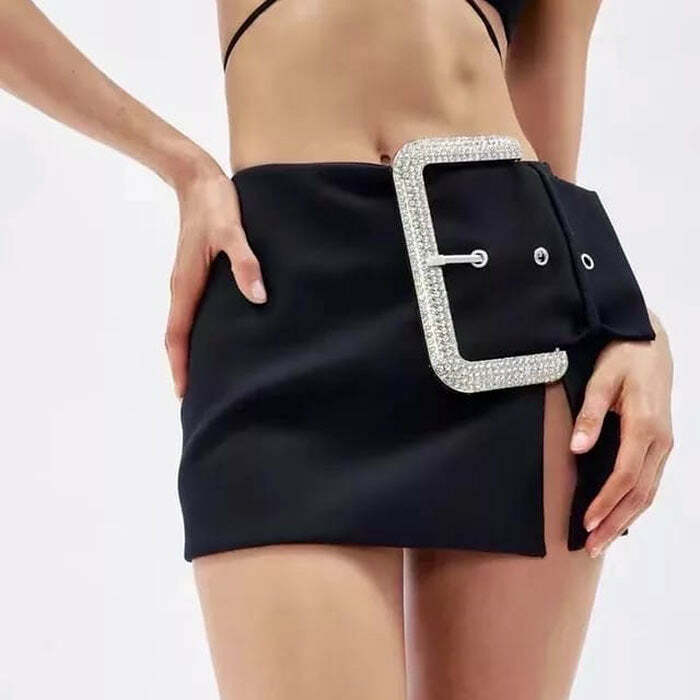 Rhinestone Buckle Mini Skirt - Y2K Aesthetic Grunge Style Essential