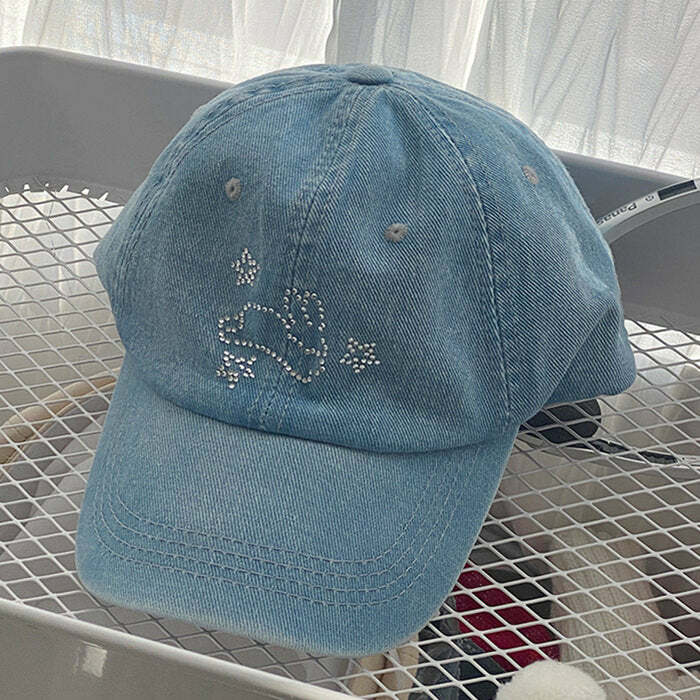 Rhinestone Bunny Y2K Denim Cap for Coquette Aesthetic & Grunge Style