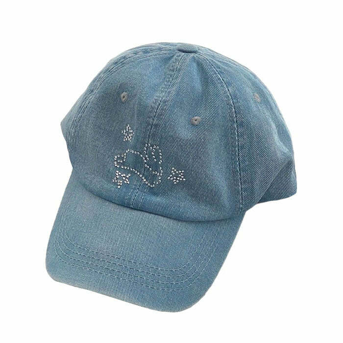 Rhinestone Bunny Y2K Denim Cap for Coquette Aesthetic & Grunge Style